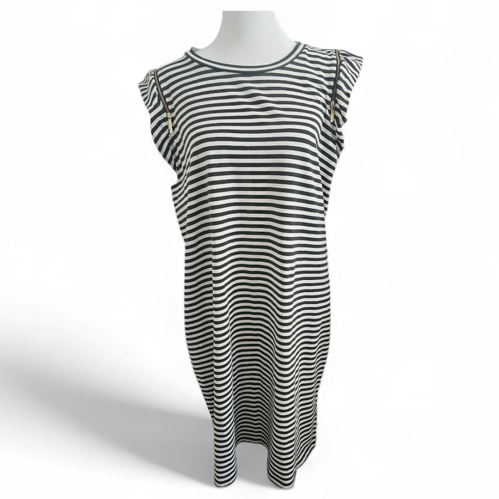 Michael Michael Kors Green/White Cap Sleeve Crewneck Striped Cotton Blend Dress